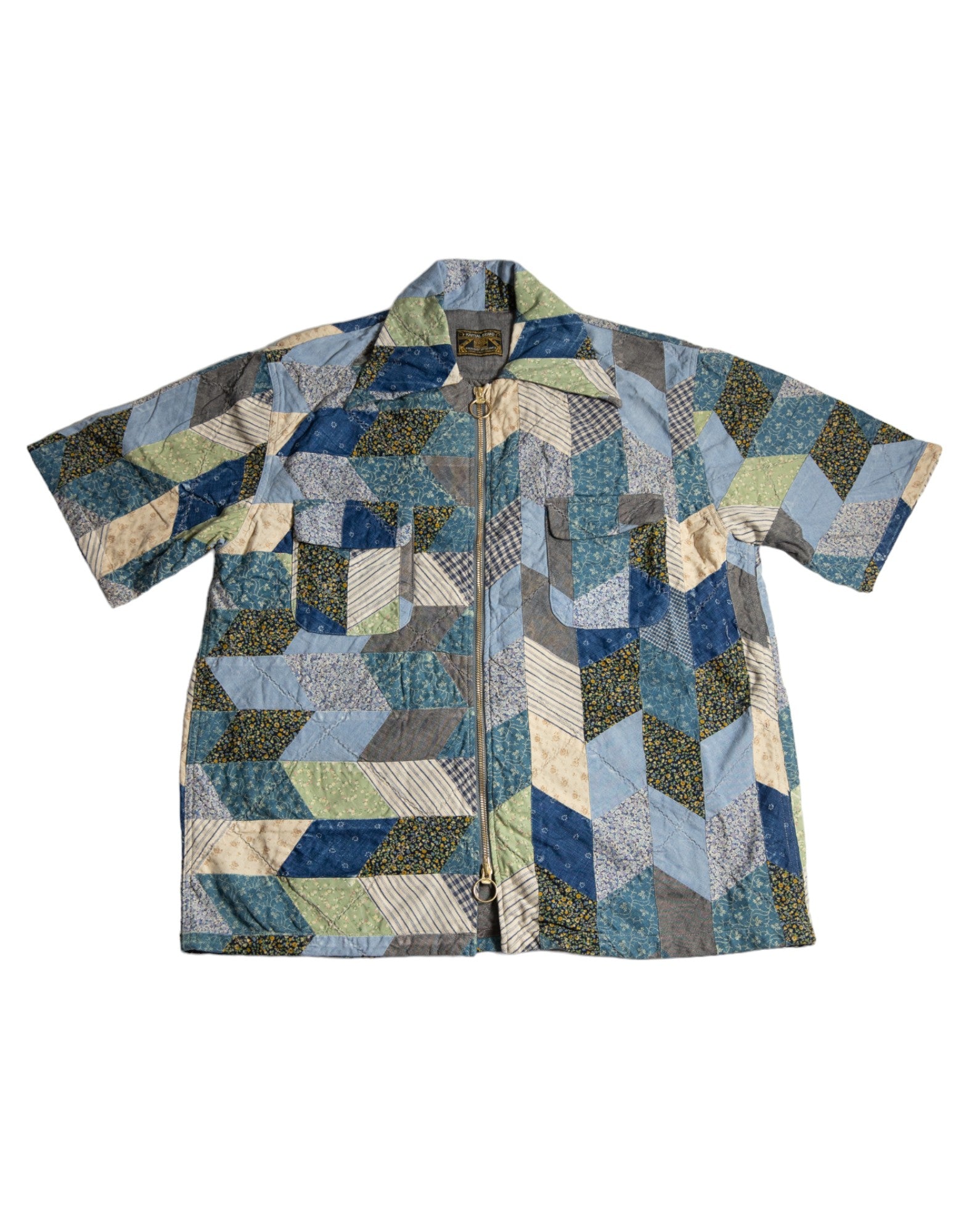 Kapital YABENE Quilted Patchwork Open Collar Zip Up Tee Blue